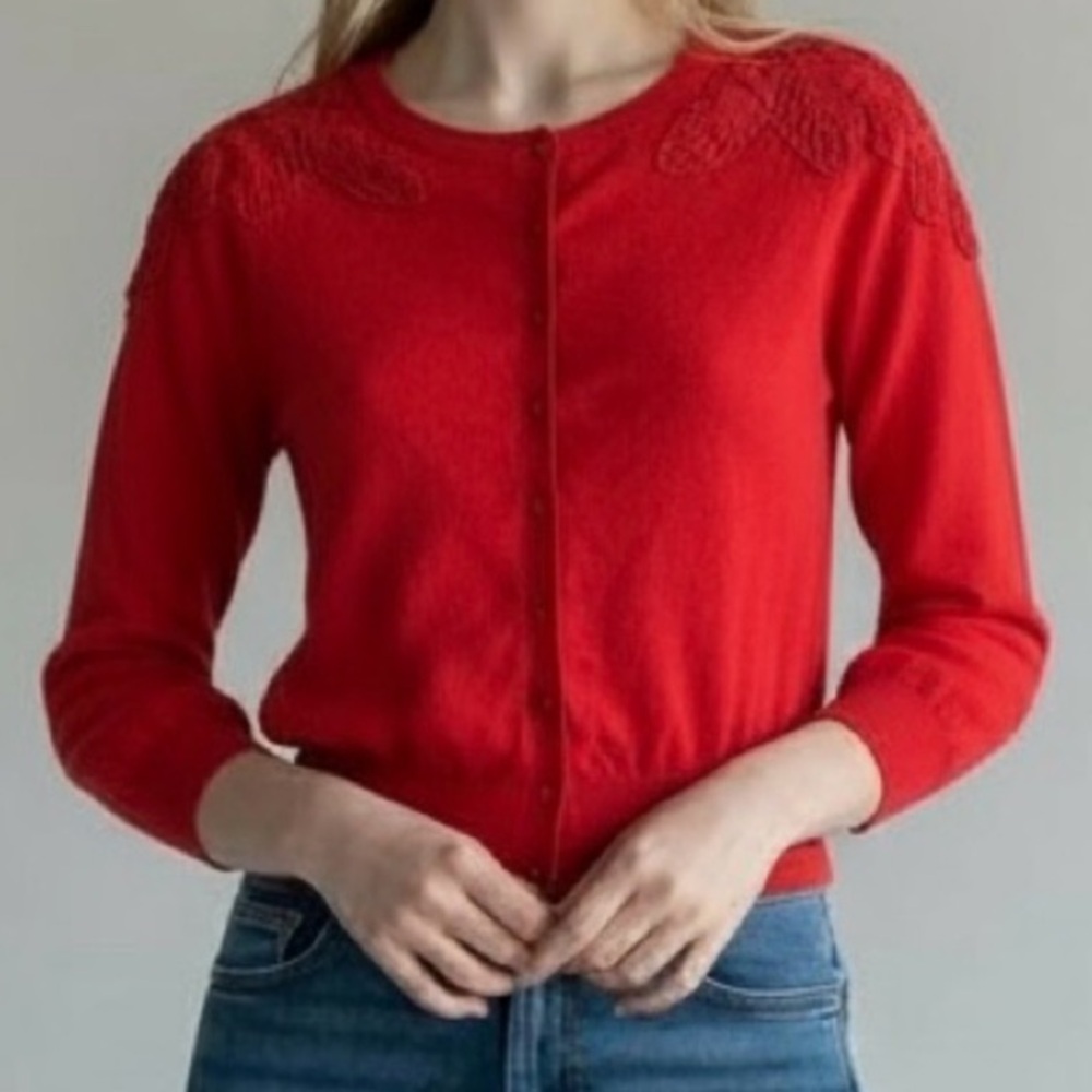 Heritage Y2K Cropped Cardigan Sweater M Red Crochet Lace Preppy Rockabilly Retro